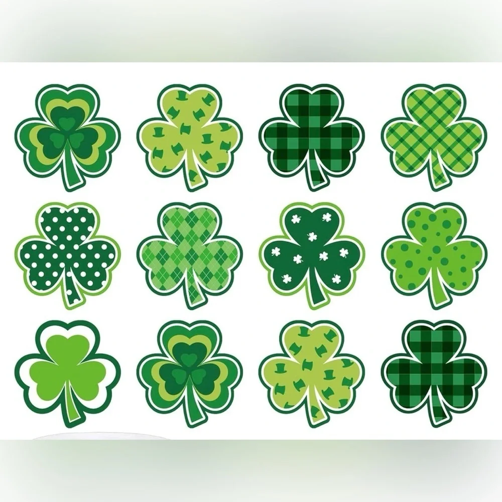 50 Count - Festive Shamrock, Clover Stickers, Variety, Green, White, 1.5 inches